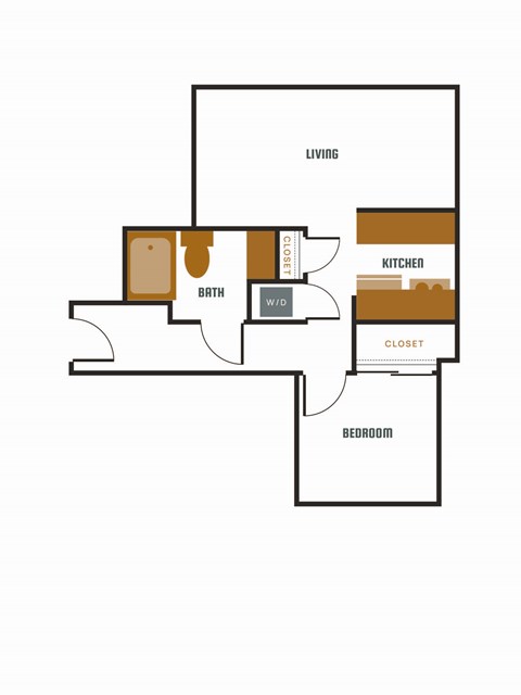 Floor plan for 1 bed, 1 bath, 709 sqft